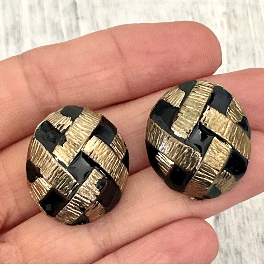 Vintage Gold tone black enamel clip on earrings